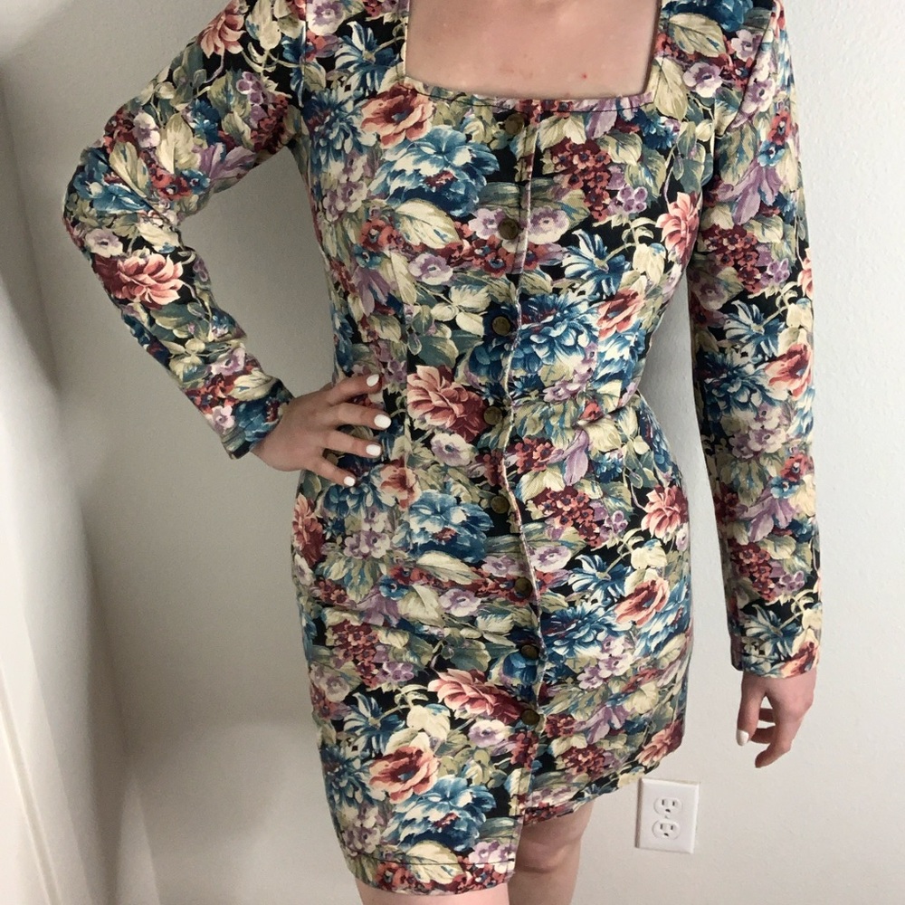Vintage Paris Blues Multicolor Floral Long Sleeve Denim Dress
